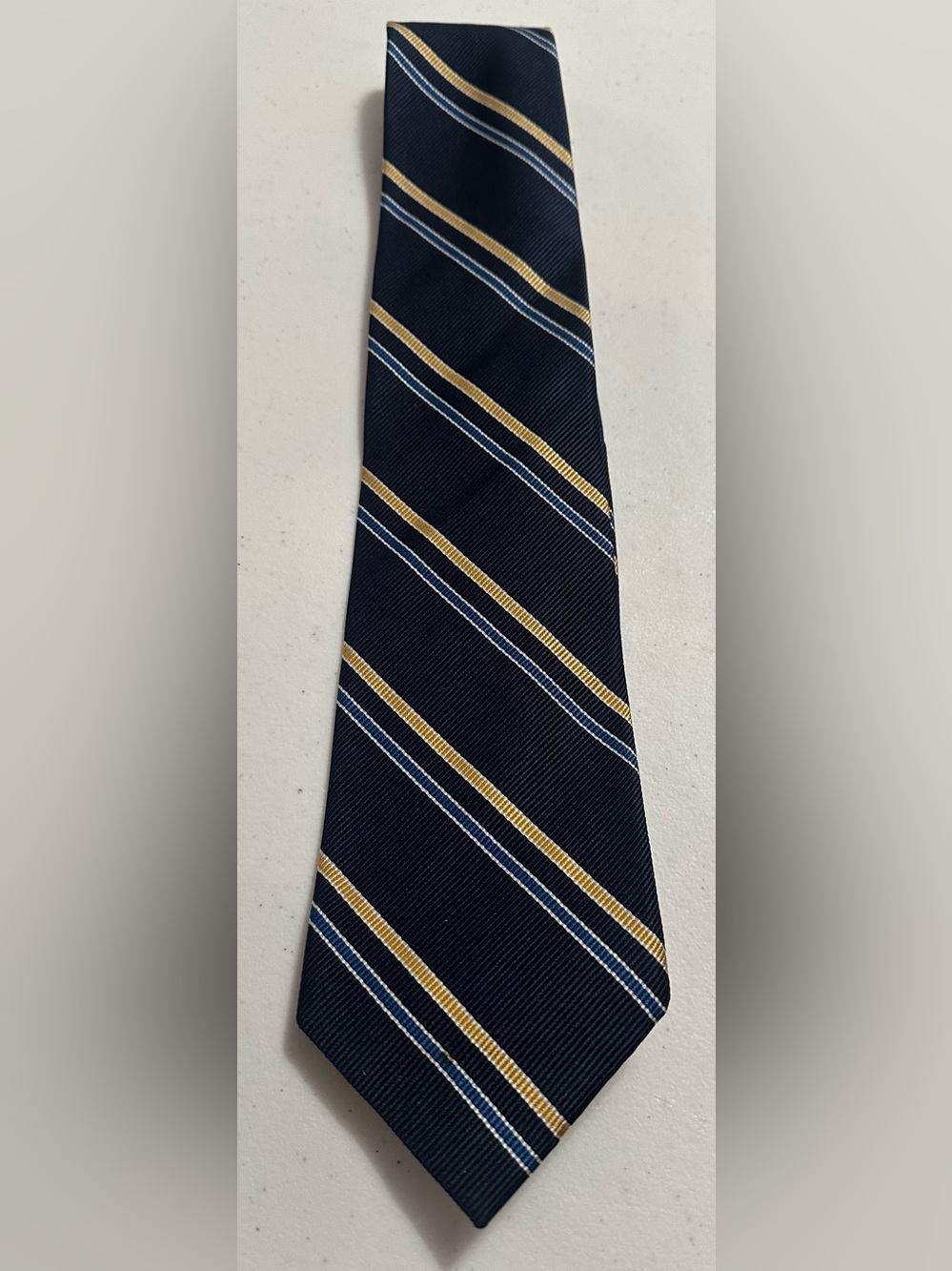 PAUL FREDRICK Navy Tie with Gold and Light Blue Stripes